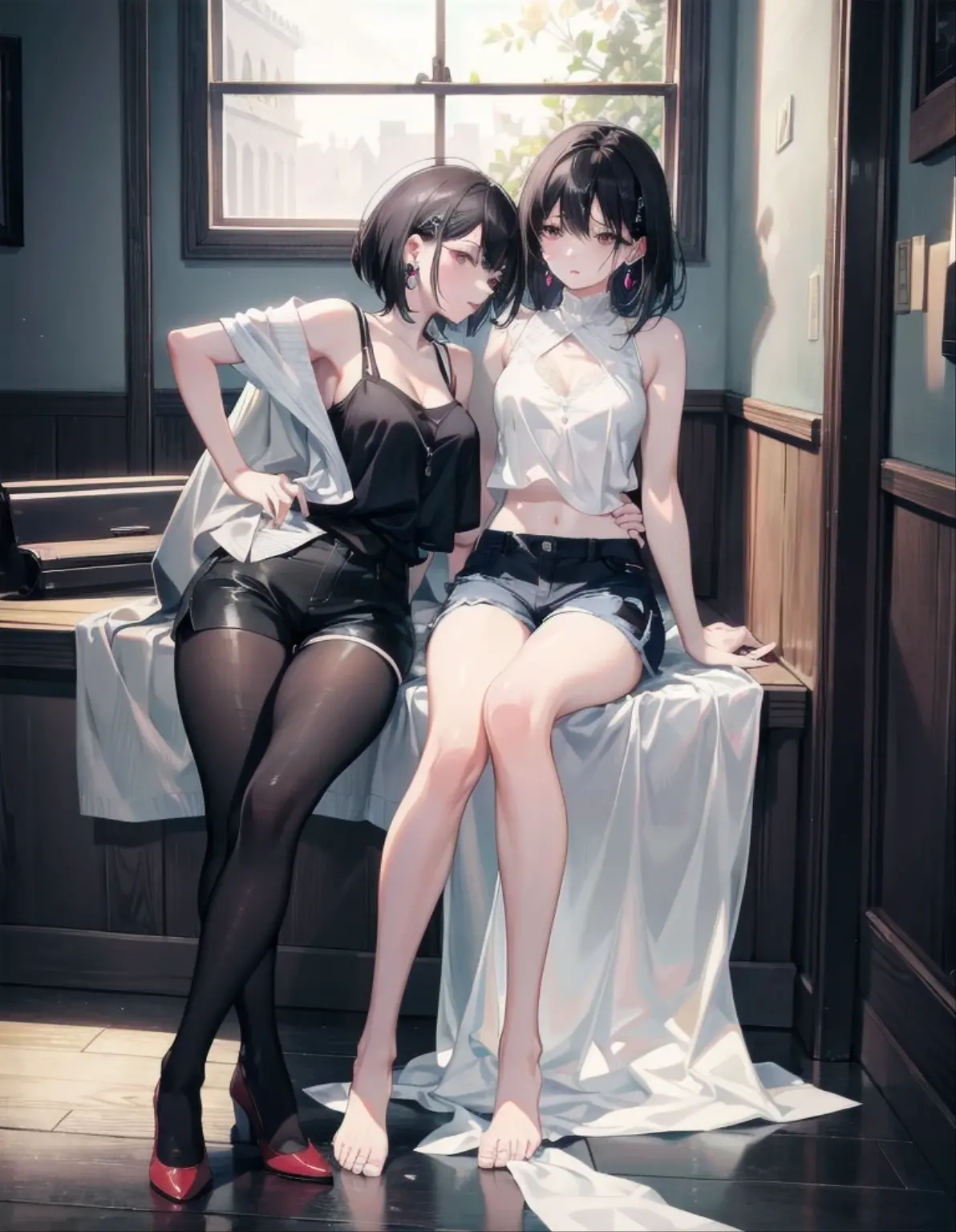 top-quality、hight resolution、ultra-detailliert、masterpiece、Raw photography、realisitic、Photorealsitic、extremely delicate and beautiful、finely detail、Textured skin、(in office)、2 people,man and woman、japanese、18year old both、(((woman wearing white camisole and detailed panties ,man is businessman wearing suits)))、woman upskirt and Showing pink panties,detailed panties,detailed frilled panties showing、tall、Brown hair、wavy hair,short hair,Wearing makeup、(Bare legs:1.5)、perfectly proportions,lying down on the desk and spreading her legs,vaginal sex pov ,