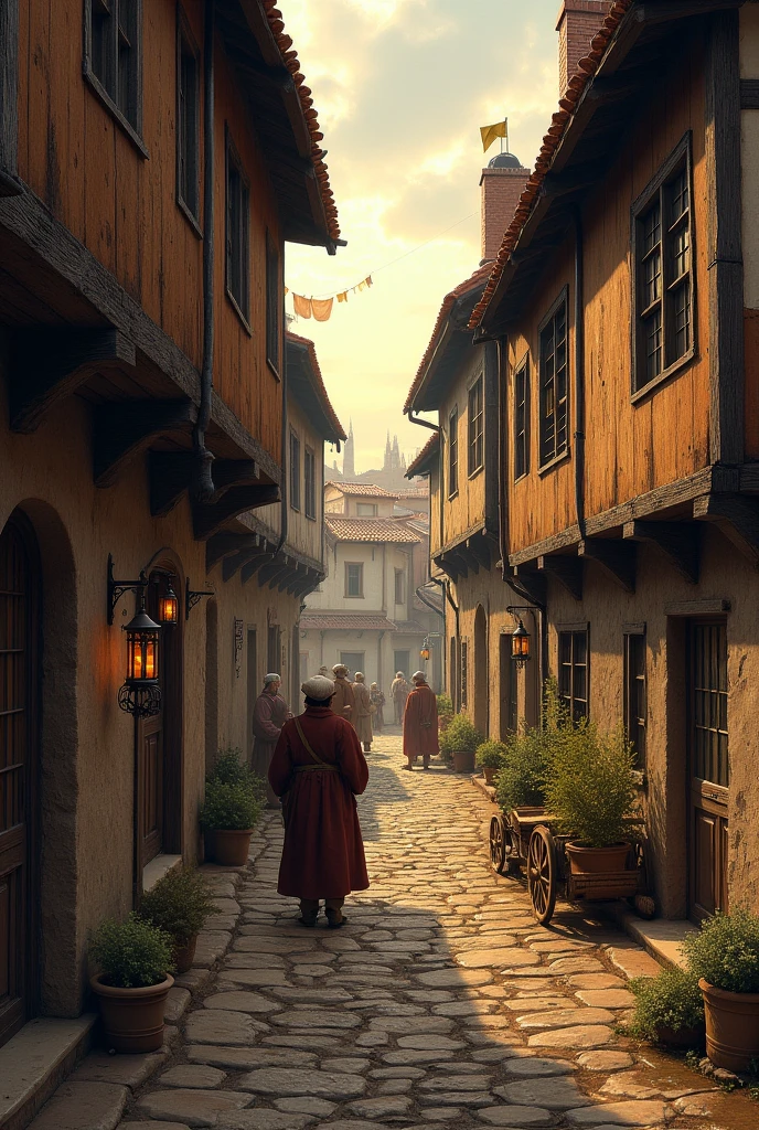 "Realistic illustration of a narrow urban passage in a 15th century European city. The houses are simple, with wooden structures and a framework of  beams, plaster or  brick walls, and sloping roofs of red tiles or straw. The facades show medieval details, like small windows with wooden shutters, pots with aromatic herbs and clotheslines with simple clothes. The floor is cobbled, irregular, with puddles and traces of daily activity. In the environment there are iron lanterns with candles, parked wooden carts and some passerby dressed in humble clothes of the time (Tunics, Caps, simple hats). In the background, } you can see a square with the diffuse bustle of the. The lighting is warm, with ochre and gray tones, simulating a cloudy sunset. Style inspired by Flemish paintings or medieval engravings, market with rough textures and attention to historical details."