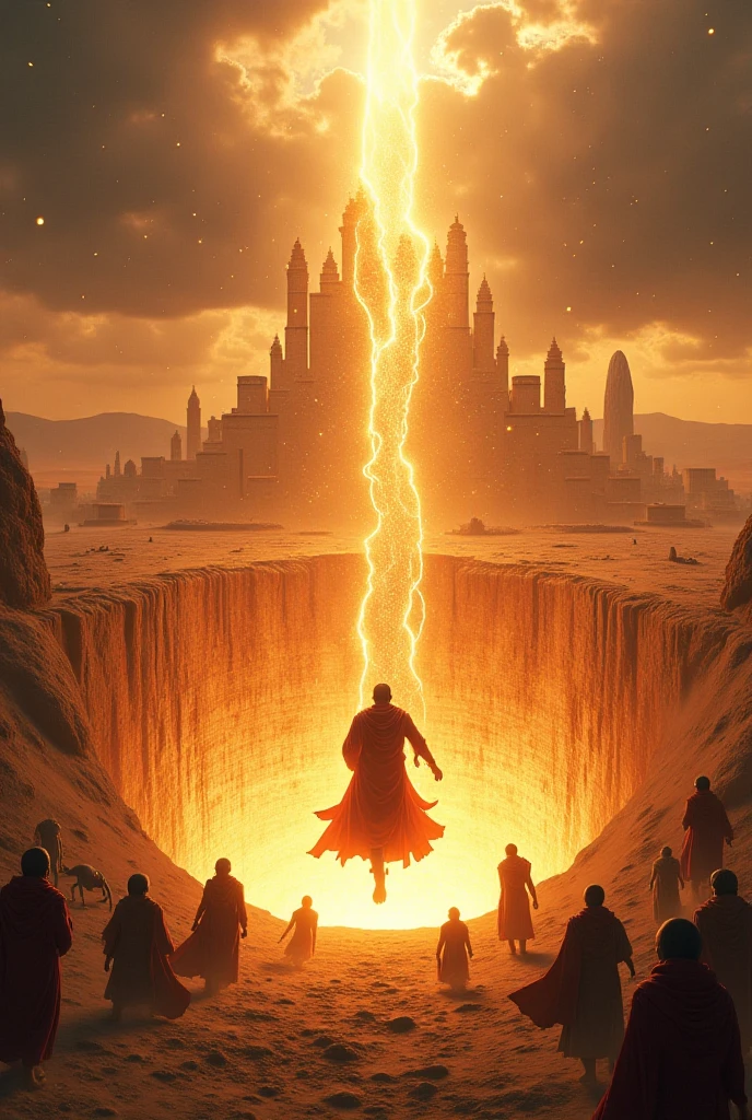 A hyper-realistic cinematic scene showing the divine punishment of Qarun (Korah) as the earth opens beneath him and swallows him and his palace. The camera captures a wide, sweeping landscape of an ancient Middle Eastern city under a bruised, storm-dark sky. In the center, Qarun’s towering golden palace is violently cracking apart, its foundations being sucked into a massive, glowing abyss in the earth. The ground is torn, fractured in jagged lines radiating outward. Qarun himself is mid-fall, robes flaring, face frozen in horror and disbelief. His eyes are wide, one arm stretched upward toward the sky, the other vanishing into the collapsing earth. Around him, people are fleeing in chaos—some falling to the ground in terror, others shielding their faces from a divine wind that howls through the city. Sand and golden dust are flying through the air. The lighting is ominous—shafts of angry light break through the storm clouds above, casting dramatic, divine rays down into the pit. The color grading is dark and earthy, with glowing embers, dust, and a smoky atmosphere. The scene is not anime-styled but photo-realistic—like a shot from a high-budget epic film, with meticulous attention to texture, facial emotion, dynamic lighting, and apocalyptic tension. Every detail is rich: the cracked tiles, the trembling hands of onlookers, the haunted sky—all converging into a single moment of divine justice