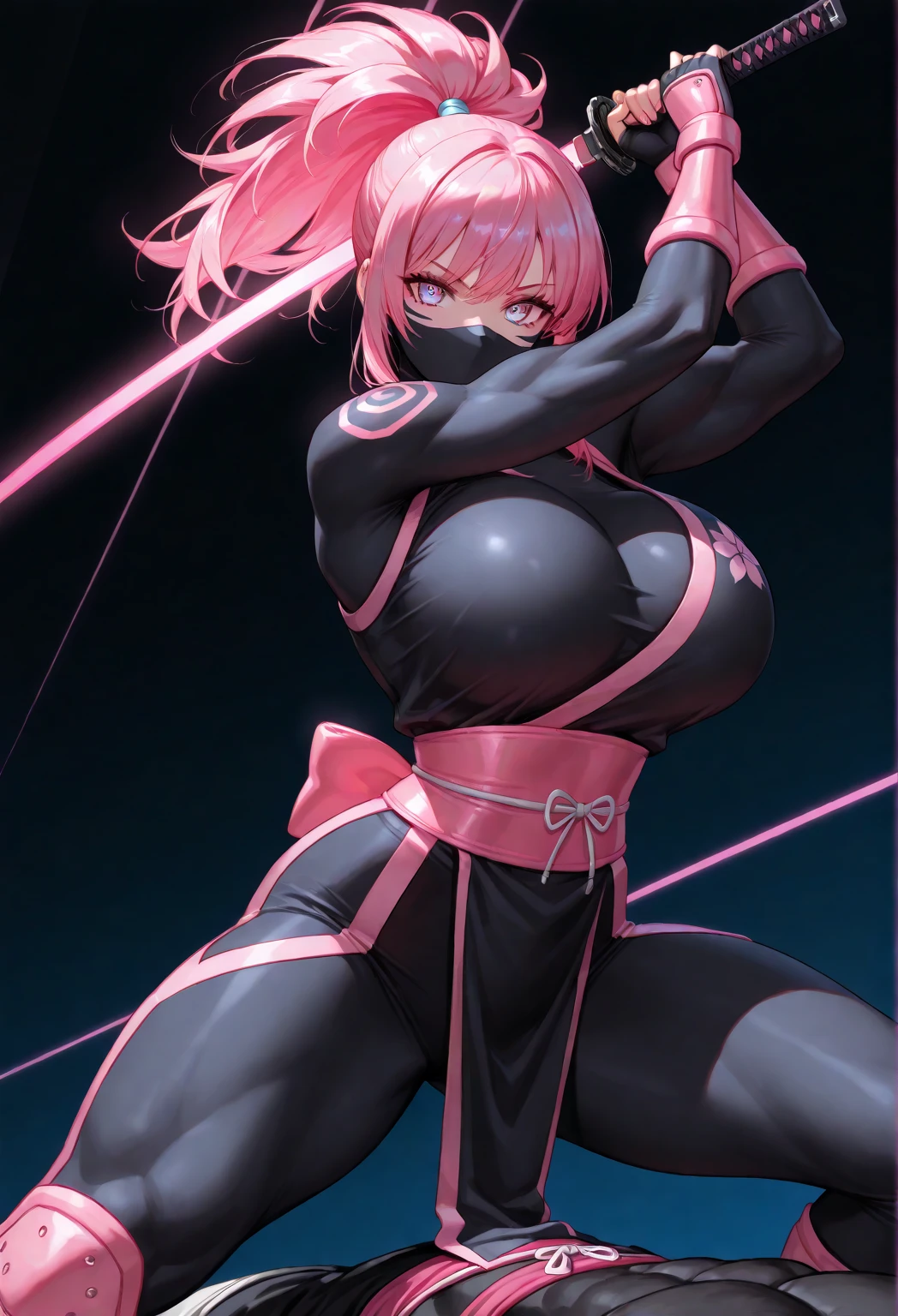 ultra-detailed, Explicit, Beautiful body, Beautiful Nose, Beautiful character design, perfect eyes, perfect face, ultra highres, 4K, beautiful legs, perfect legs, Nice hands, Perfect hand, Masterpiece, Best Quality, Highly detailed, illustration, absurdres, perfect anatomy, street fighter, doll suit, shadaloo doll, dollsuit, expressionless, blank eyes, looking at viewer, red gloves, emotionless, black latex, corrution, mind control, female combatant, full body, hypnotized, unhappy trance, full body suit, ribbed bodysuit, both arms at side, obey, perfect female body, extremely glossy latex, hypnosis, hypnoLora, empty eyes, Blank eyes, Mind control device, poses, submissive_pose, Slave, stand up straight, standing, standing at attention, hat, necktie, belt, latex, ribbed bodysuit, thighhighs, garter belt, Fighting Stance, extending the right arm from the shoulder into the air with a straightened hand, military, thigh boots, 1girl, hair ornaments, pink hair, short hair, pink eyes, (((pixel-perfect, detail-perfect))), solo, 1girl, Riri Hitotsuyanagi, Assault Lily