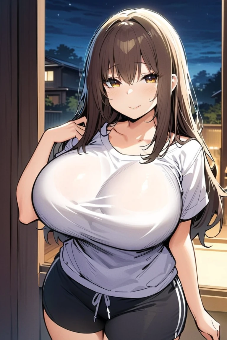 looking at the camera、When I Look at You、lookatviewer、Anime Style、Eroge、1 Girl, (Huge breasts), (Tight white cropped camisole)、Low Angle、Brown haired, hair band、Bob Hair、The forehead is visible、blush,The whole body is visible:1.5、Dolphin Shorts、Cleavage、O-neck、Camisole with buttons on the chest
