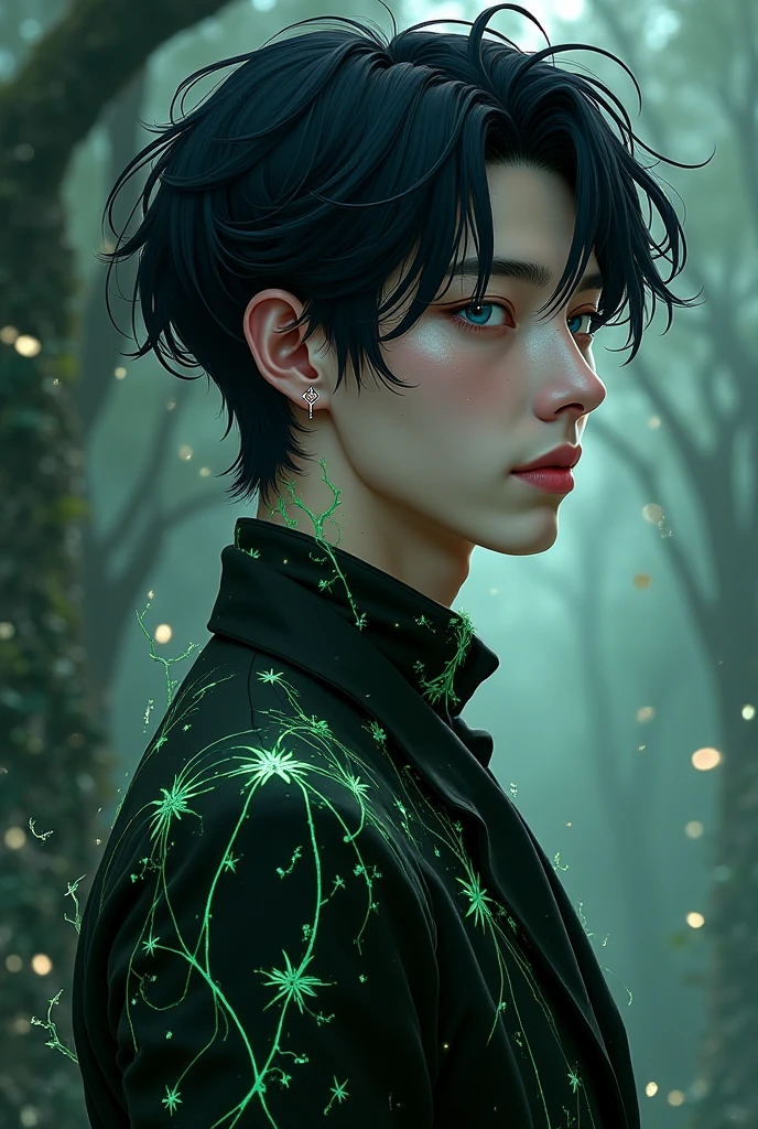 I want anime photo
> A male character identical to Kim Taehyung (BTS), slim and elegant body, covered in scars and glowing magical runes — the most prominent being the rune of Clairvoyance on the back of his hand. Pale skin, long black iridescent hair that flows like the midnight sky with an ethereal shimmer. Short eyelashes, naturally gray eyes, nearly silver. His right eye shows heterochromia, blending a golden hue into the silver tone. As he matured, pointed ears and fae-like markings appeared: glowing greenish vines and leaf patterns spreading across his body, intertwining with the runes and reaching his face. Stunning visual contrast, fantasy aesthetic, glowing markings, mystical atmosphere, soft ethereal lighting, high detail, elegant and mysterious aura.
