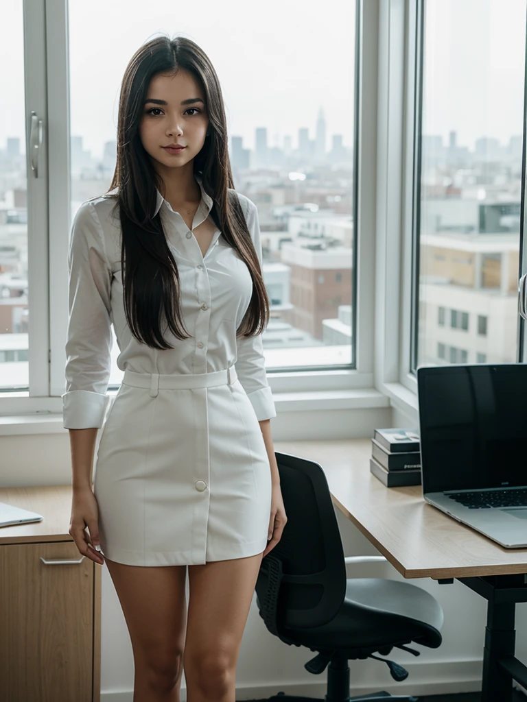 Indian、smile、curvaceous indian warrior woman、smile((half)CEO woman sitting on chair in RAW photo office, wearing white suit, (Use dark attractive eyes) movie scene, white tight skirt(perfect) ,My heart flutters a little,Serious and elegant woman with thick female eyebrows, Agent 007 Girl Style, (mysterious serious face,) , at work, elegant and elegant, (high quality, realistic images), (最high quality, 8K,