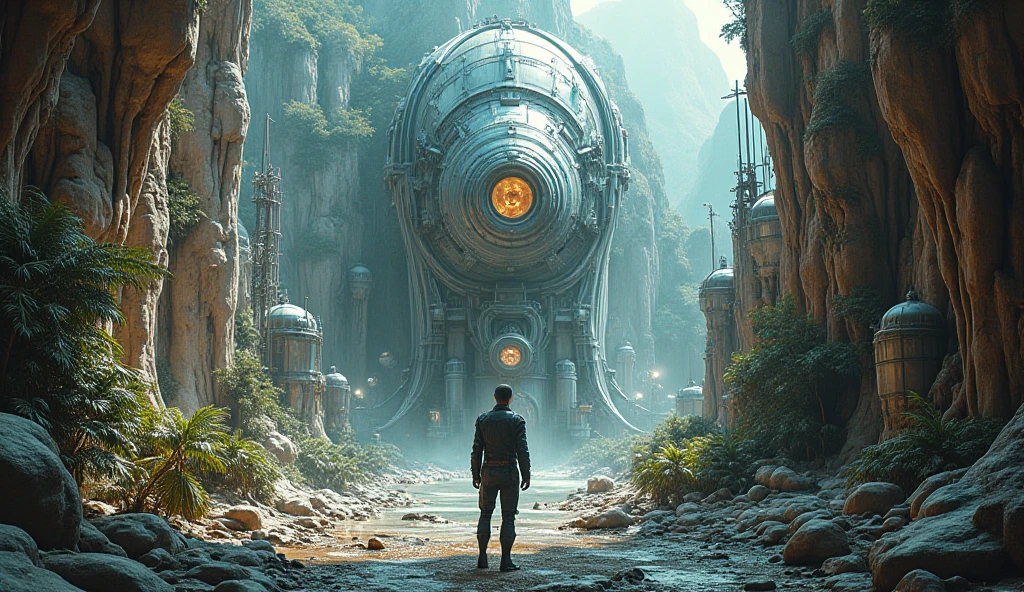 Design a hyperrealistic image in 16K of an intense one that elevates particles of dust and tropical humidity. THE CLOSE-UP OF A GENERAL PORTRAIT IS SEEN FROM A LOW ANGLE, FROM BELOW THE CYLINDERS WITH AN UPWARD VIEW OF THE ENVIRONMENT ON a tropical planet with cliffs of light gray rock, assemblages, full of natural protrusions from where CYLINDRICAL INSTALLATIONS EMERGE PROTRUDING IN THE HEIGHT OF THE ROCK WALLS OF THE CURLS WITH ULTRA-TECHNOLOGICAL ALIEN REINFORCED GLASS HATCHES AND WINDOWS, WITH TRANSMISSION ANTENNAS AND PARABOLAS integrated seamlessly with the environment. METALLIC LIGHT GRAY AND ORANGE, WITH RUSTY EXPOSED PARTS. From the cracks of the rock, fine crevices and falls of crystalline water descend. The atmosphere is humid and rich in vegetation. The sky is clear, lens with giant clouds floating above the stage. Captures the scene from an extremely low angle, al foot of the cliffs where the alien colony begins. It uses the optics of a Sony 16-35 mm f/4G PZ to achieve a natural but impressive perspective, with perfect depth of field that emphasizes the monumental scale of the ship. The lighting must be studio film type, highlighting metallic textures, reflections and active lights of the ship, , achieving a level of absolute hyperrealism worthy of a science fiction masterpiece. hyper realistic, high definition and resolution , PERFECT APPROACH AND OPTIMAL MANAGEMENT OF THE DEPTH OF FIELD. CINEMA MASTERPIECE
