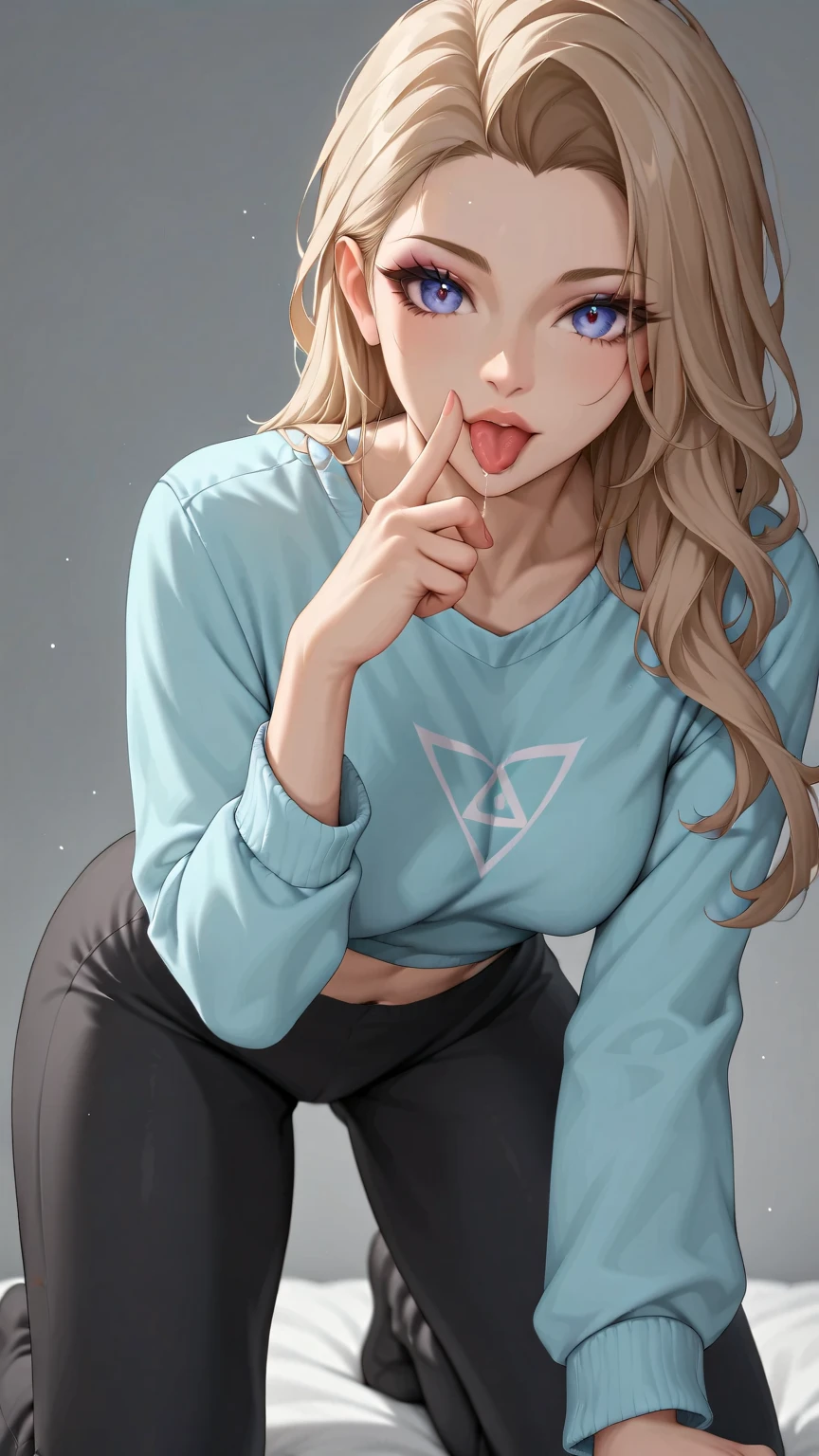 (Meisterwerk), best quality, Perfect woman on her knees, Offensive woman willing to mate,  Constantly excited, Crop Top, squeezing together her , Oversized-Blazer, high-waisted pants, Make-up, plumped lips, natural hairstyle, Feeds on lust and love, von oben, cinematographic lighting,  helle  Leggings, she has  stuff in her mind, licking finger, salivatraces