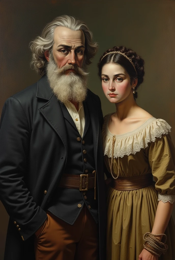 The man in the image is Simón Rodríguez. A portrait of Simón Rodríguez with his wife Manuela Gómez, The style of the image as if it were an old painting, Where can you see the two from the waist up.