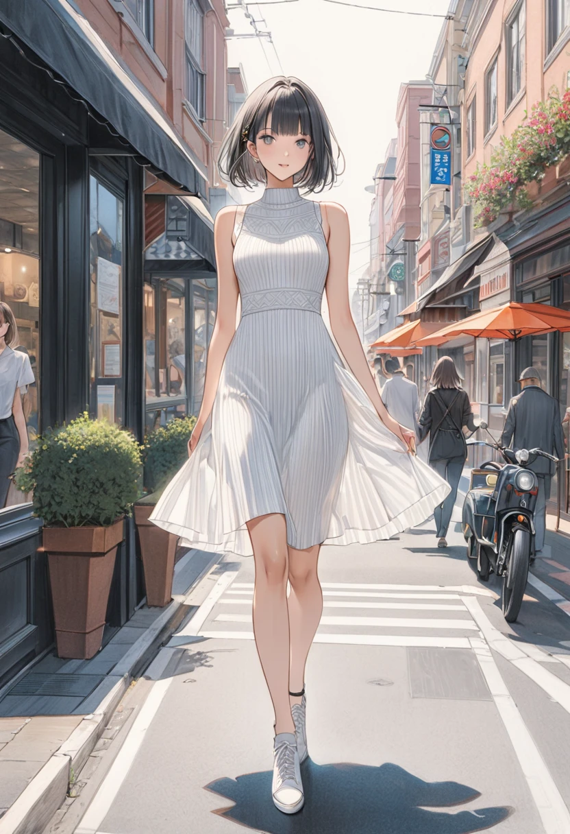 (masterpiece),Colored pencil,full body,Around town,bob hair,white vertical seta-knit dress
