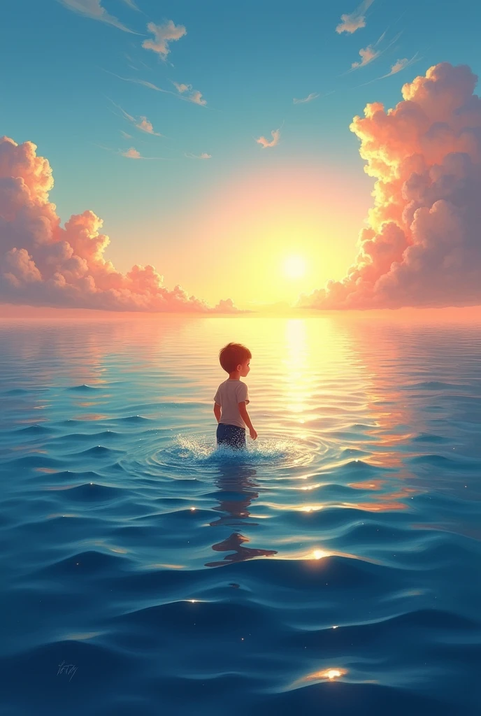 The ocean was blue and the son grew up a little bit and put clouds and sunset