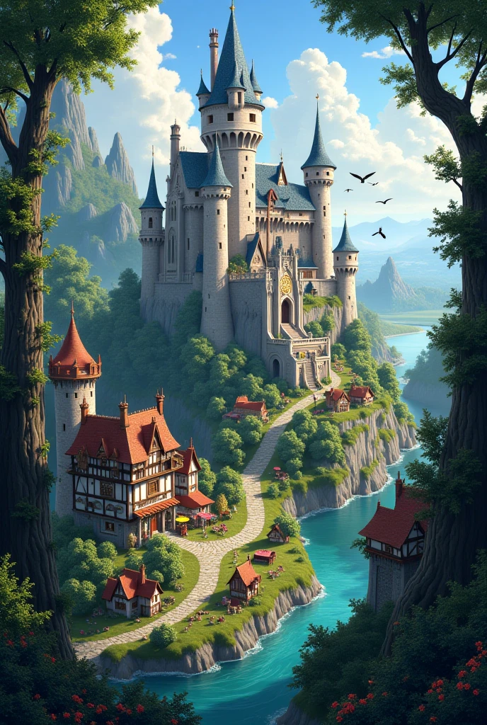 Castle in the woods and a village 