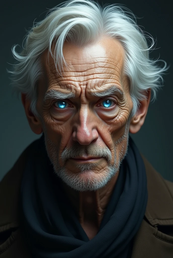 il a les cheveux blancs courts avec des meches qui tombent devant ses yeux et de yeux bleu tres brillants