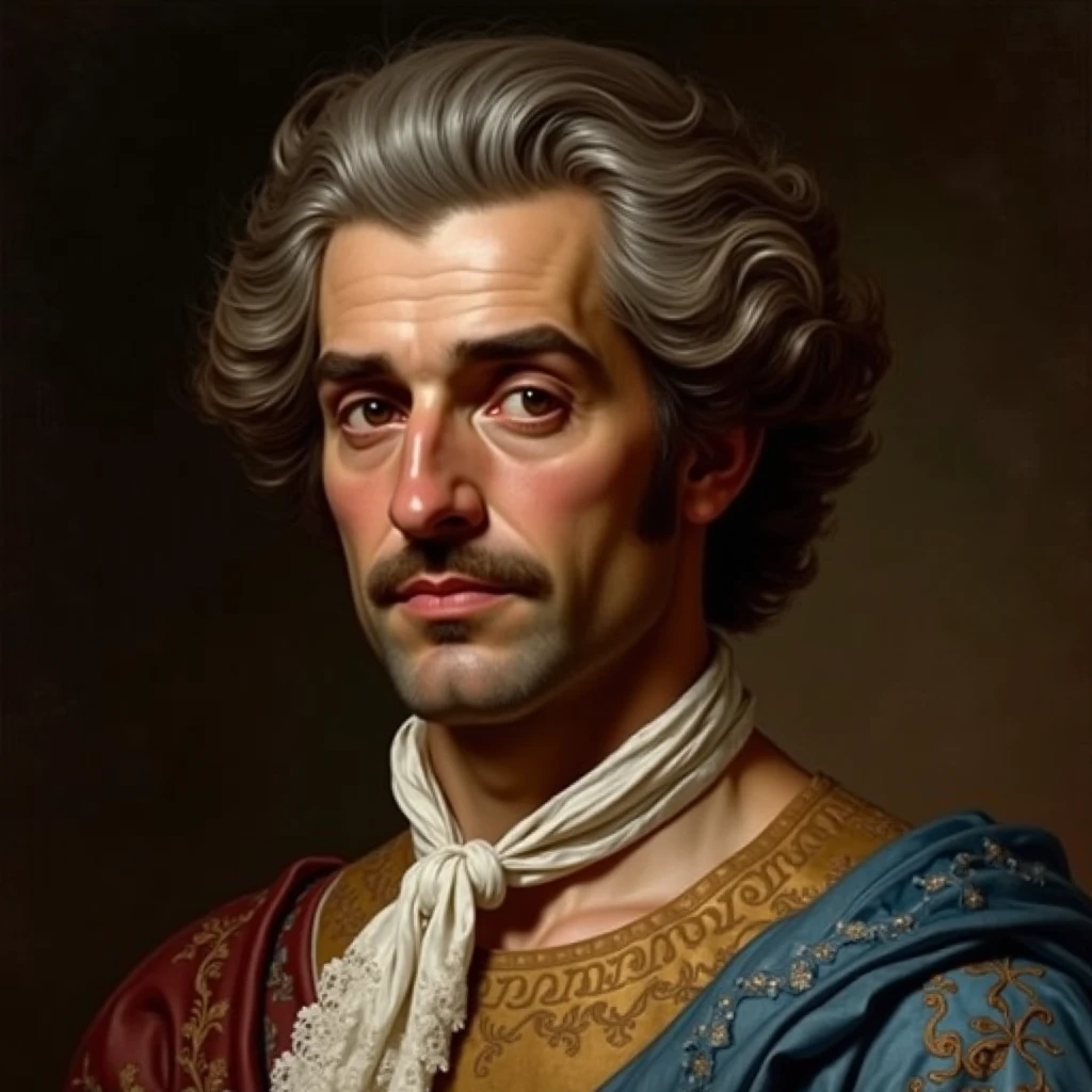 "Create a high-resolution, 18th-century Baroque/Rococo oil painting style illustration focused on the face of Pyrrhus of Elis, a 4th-century BC Greek philosopher. Represent him as a middle-aged man with Mediterranean features, tanned skin, wavy graying brown hair, styled as a powdered wig. His deep-set eyes and serene expression reflect calm, with a slight enigmatic smile. The soft light highlights the face, with subtle shadows. He wears a stylized Greek tunic with blue embroidery and a white lace tie. The background is dark, in shades of brown, to focus on the face, ideal for a YouTube thumbnail, conveying wisdom and peace."