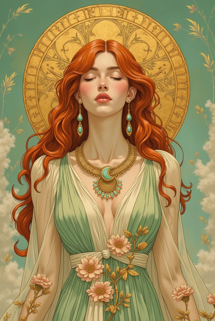 original painting in the Art Nouveau style Face and Hair:  Porcelain Skin , slightly pink cheeks, eyes closed as if at peace. His hair is long, and copper-colored, flowing softly to the side, with small golden leaves and peach blossoms between the threads.

Adornos: She wears a necklace with a moon-shaped medallion crescent, studded with turquoise stones. Long earrings shaped like drops, also bluish, with wavy golden arabesques.

Vestido: a flowing dress ,  inspired by ancient Greece , with transparent sleeves and floral details embroidered in gold. The colors of palette The clothes revolve between shades of cream, mint green and soft gold.

Fundo: Behind her is a large decorative disc (like a halo ) in aged gold, filled with floral patterns intertwined with lunar symbols. The background itself has a slight gradient between light green and sky blue, with brushstrokes simulating leaves or breezes.