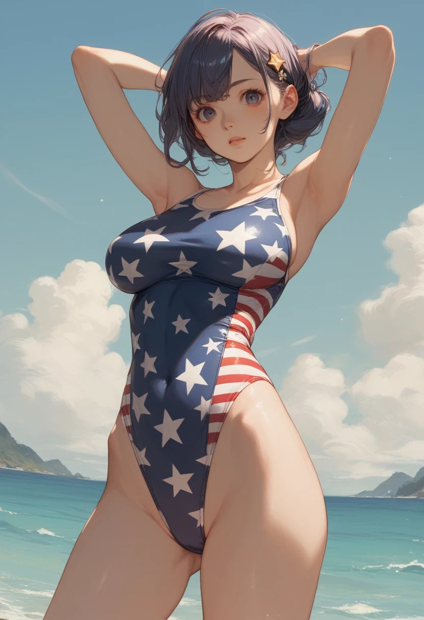 Beautiful young teenager, 1girl, purple hair, blue eyes, extremely short hair, freckles on face, happy, smiling, blushing, thin frame eyeglasses, thick lips, full lips, huge breasts, extreme cleavage, deep cleavage, very thin body, American Flag bikini top, tiny jean shorts, heart shaped choker, high heels, perfect anatomy, beach background, American Flag, detailed background, fireworks, ultra-detailed, 4k, 8k, best quality, masterpiece