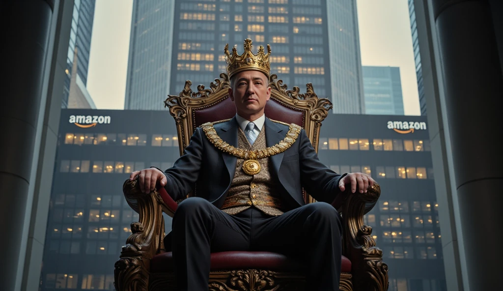 hyper-realistic image in UHD 8K: Jeff Bezos sitting on a throne. He wears a crown on his head. In the background, the facade of an "Amazon" unit.