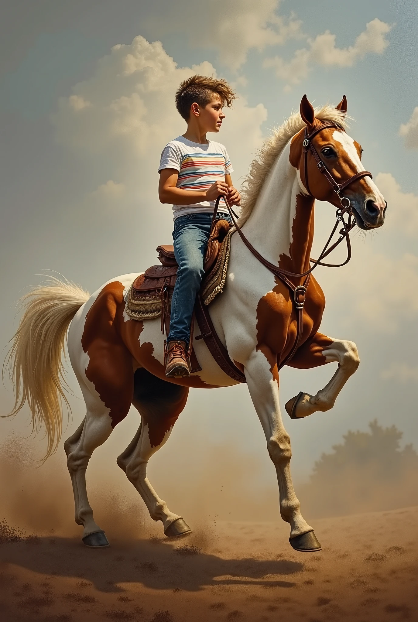 Oil painting old master, masterpiece A powerful rodeo horse, in a stretched-out bucking position, fully detailed and realistic. Side view, beautiul  playful boy around s ago, attentive, facing the camera, no cap, dressing White t-shirt with wide, colorful stripes. The boy is with short Fashionably cut hair styled and  shaved on the sides, in old short denim with frayed hem, riding a horse. Studio dramatic light. Dim light on the grayish background. Sunset glow light and some very discreet clouds,.
