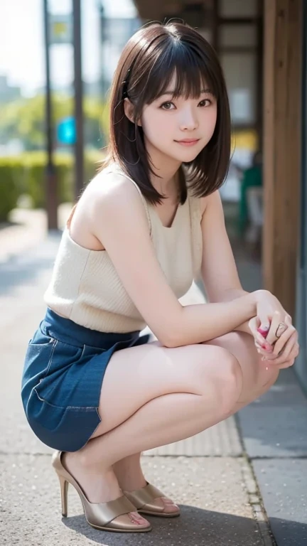 her name is Akira, high quality, 1girl, ((18-year-old chubby asian woman)), ((18 years old)), (((CHUBBY BODY))), SHORT BOB, pose: sitting, wearing stylish fashionable Generation-Z modern wear different colored, BACKGROUND: city