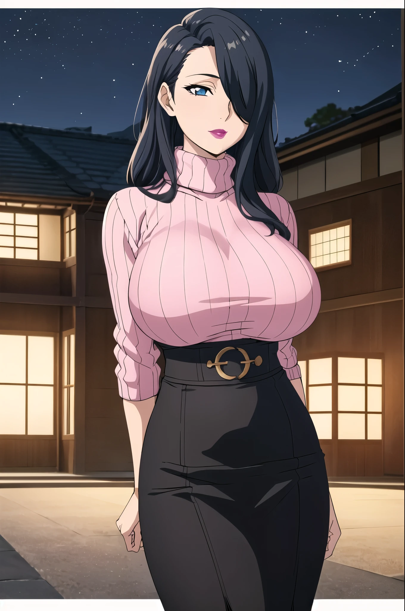 Orang turtleneck sweater, brown pencil skirt, standing, at in front of japanese home, night time, AzumaFubuki, anime cels style, best quality, high resolution, 1girl, (huge breasts:1.2), beautiful face, long hair, hair over one eye, blue eye, black hair, cowboy shot, pink lipstick