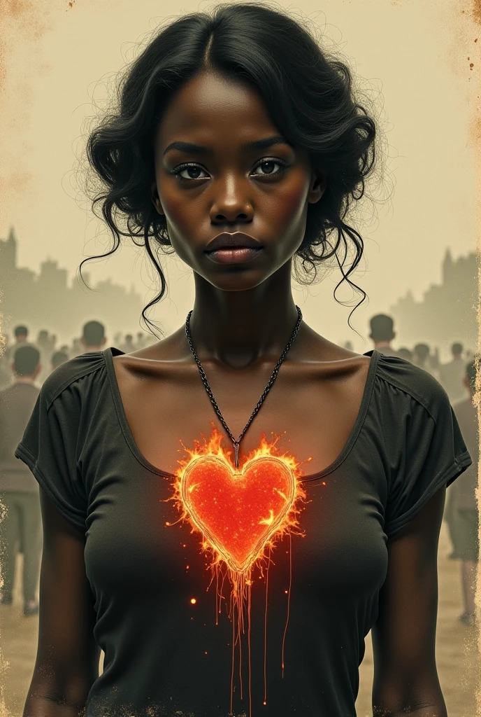 A vintage drawing of a dark skin woman who's heart burns off it's place on her chest as she looks expectantly at a crowd