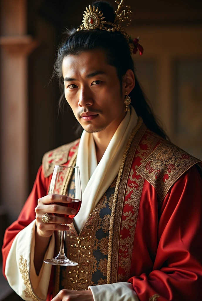 ((ASIAN MAN)), (JAPANESE MAN), 40 year old Asian nobleman dressed very well and participating in the white party, medieval party, Asian nobleman with good physique, wearing noble and expensive clothes with lots of jewelry on his fingers and drinking expensive wine