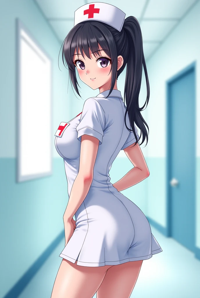 A beautiful nurse with big breasts turns around and shows her pussy without any panties on.