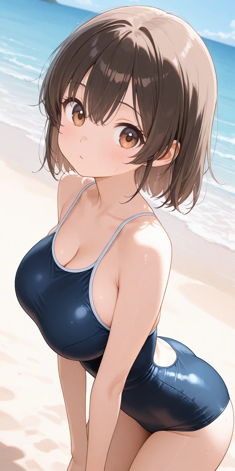 One Girl、As-、Cute Underwear、Upper body portrait、Blue swimsuit、ponytail、Brown haired、Brown eyes、長いponytail、M size breasts、high school student、Cleavage