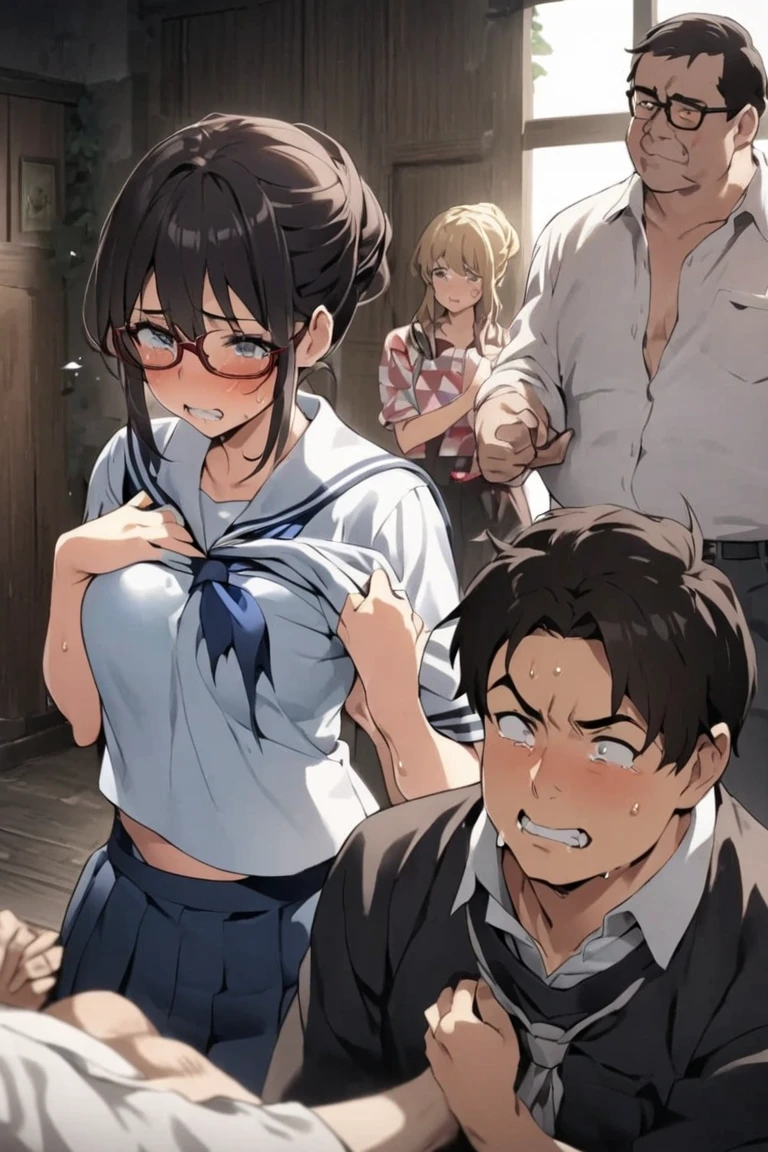 Both eyes open、Having her breasts massaged、One girl、One Girl、Short、Younger、Lower school year、Baby Face、flat chest、hug、There are a lot of tough looking yakuza in the background、At the yakuza office、Panties、Violence、Fashionable clothes、Clothing、Dynamic Angle、masterpiece、best quality、ultra-detail、Trying to escape、scared、fear、Sweat、Violence、Feeling embarrassed、Trying to hide the chest