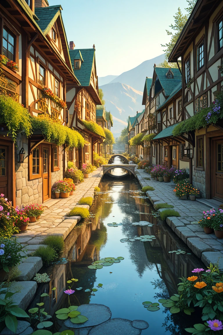 A Small Village by the River，Mountains in the background，Flowers in bloom，brightly colored， Detailed Scenery ， Beautiful natural landscape ，Mood lighting，Scorching sunset，Warm colors，practical，practical摄影， Detailed Leaves，Complex buildings， cobblestone streets ， Charming country house ，riverside villa，dense vegetation，Still water reflections，Picturesque，Leisure and tranquility，artworks，best quality，8k， Extremely Detailed，anime style