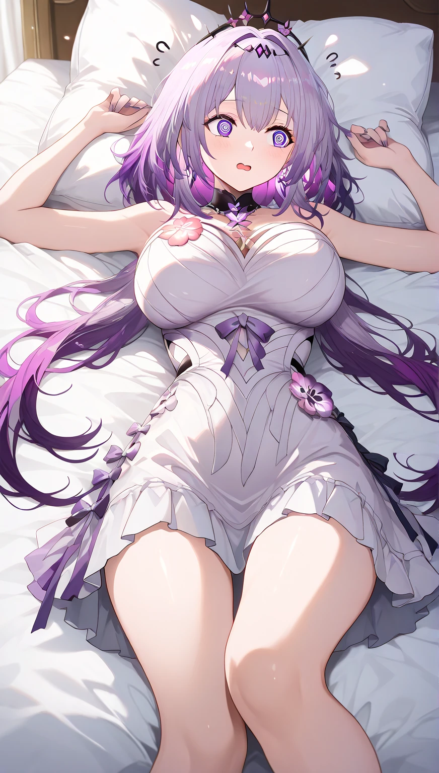 a woman（（There is a six-pointed star in the eye.））a woman with long purple hair，big chest（（（blush）））JK ，Short skirt，down on my knees，Beds，white socks, thick legs, thick thigh, standing, bottom, inside