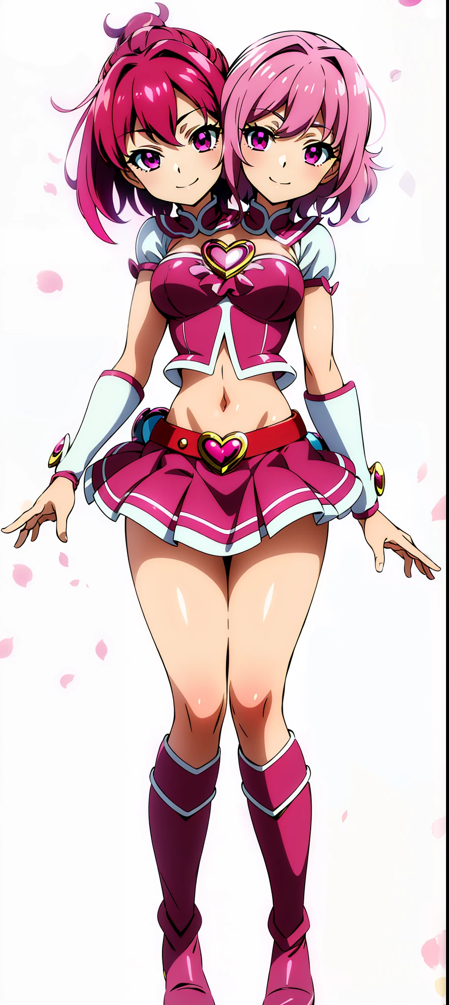 (masterpiece) , (ultra-detailed) , (high quality) , (high resolution) , (best quality:1 . 5 , highres , UHD) , highres , absurdo , ultra detail , ultra quality , Ultra resolution , 16k , (2heads:1 . 5) 1girl , ((magenta pink hair)) , purple eyes , hair ornaments , red armor chest piece , same hair color , age girl , ((magenta pink magical girl)) , magical girl , gentle smile , high school background , high ponytail , exposed midriff , skirt , full body , boots anime girl in red uniform posing with her hands on her hips , attractive azure lane style , magical girl anime