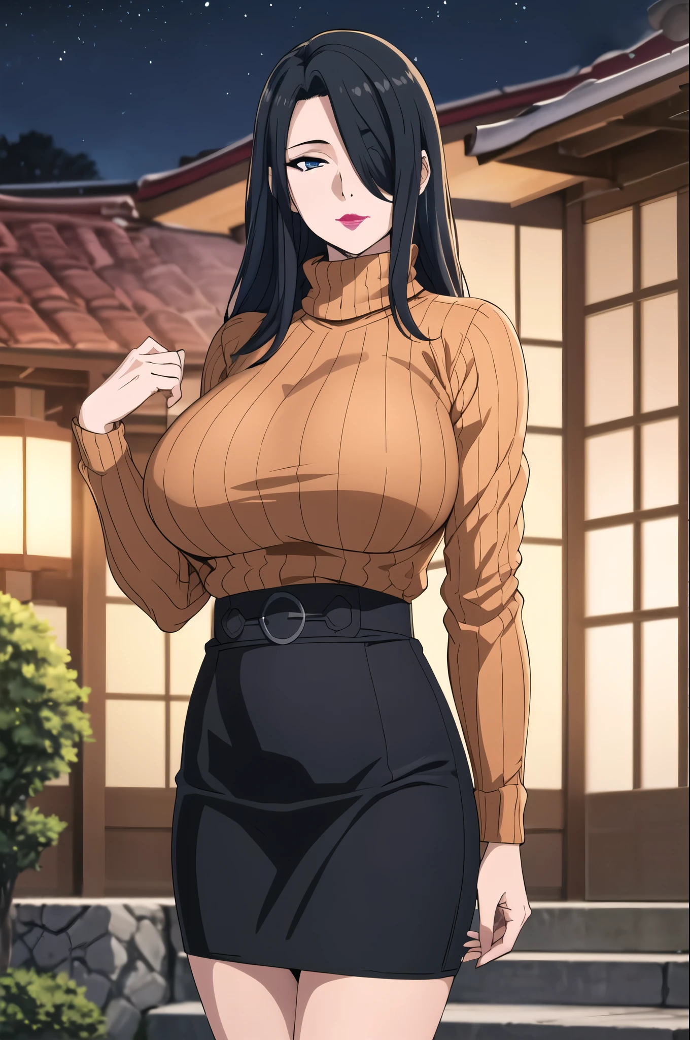 Orange turtleneck sweater, sleeveleess sweater, brown pencil skirt, standing, at in front of japanese home, night time, AzumaFubuki, anime cels style, best quality, high resolution, 1girl, (huge breasts:1.2), beautiful face, long hair, hair over one eye, blue eye, black hair, cowboy shot, pink lipstick