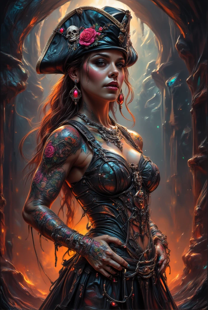 Gwen Stefani, full body potrait of a photorealistic beautiful woman, (aboard a pirate ship:1.50), intense coloration fantasy, light hair, a stunning realistic photograph 20 years , random colored hair, (multiple women pirates dancing together:1.3), random color eyes, full body, cover, hyperdetailed painting, luminism, octane render, Bar lighting, complex, 8k resolution concept art portrait by Martina Fačková and Prywinko Art, Artgerm, WLOP, Alphonse Mucha, Tony Taka, fractal isometrics details, photorealistic face, hypereallistic cover photo awesome full color, hand drawn, bright, gritty, realistic color scheme, davinci, .12k, intricate. hit definition , Beethoven, cinematic,Rough sketch, mix of bold dark lines and loose lines, bold lines, on paper , real life human