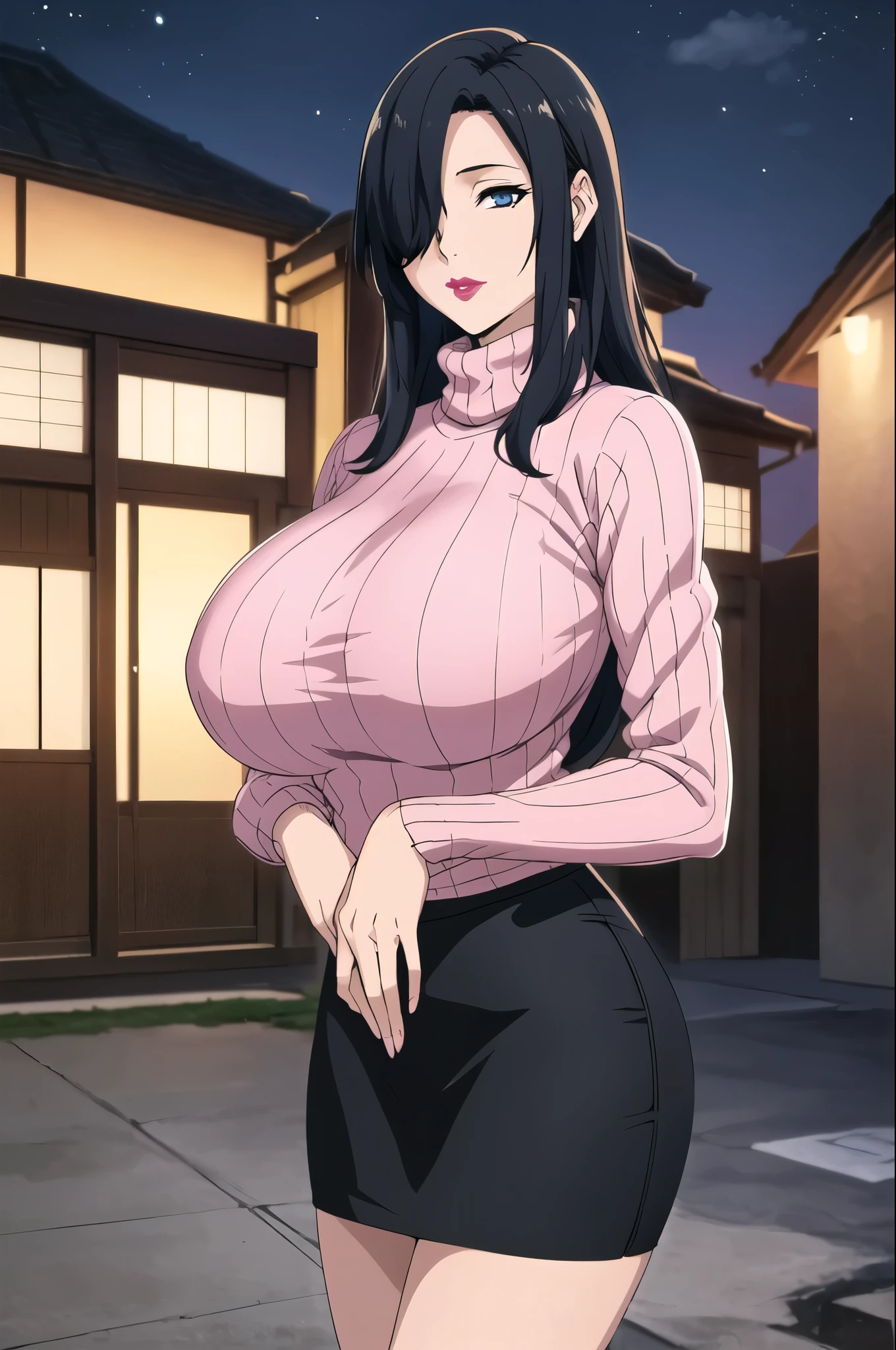 Orange turtleneck sweater, sleeveleess sweater, brown pencil skirt, standing, at in front of japanese home, night time, AzumaFubuki, anime cels style, best quality, high resolution, 1girl, (huge breasts:1.2), beautiful face, long hair, hair over one eye, blue eye, black hair, cowboy shot, pink lipstick