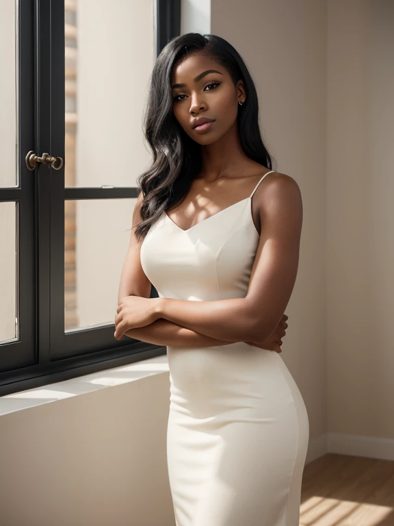 Ultra-realistic, Highest quality,Cinema Lighting, Real black girl, 16K, Good quality, High resolution, Warm atmosphere, Dreamy atmosphere, 1 girl, 18-year-old, Long Hair, ((Shiny skin 1.5)), Looks sexy in the eyes, pretty pretty face, Beautiful Makeup, Beautiful mouth, Realistic Skin, skin is illuminated, Perfect Shading, ((White mini skirt dress 1.5)),, hotスキニーボディ, Beautiful breasts, Slim body, hot, Fascinating, Sensual posture, Larger buttocks, Thighs, Different positions at different angles, Realistic Textures, Indoor Background, Aesthetics of Dreams, Dreamy atmosphere, Cinema Lighting.