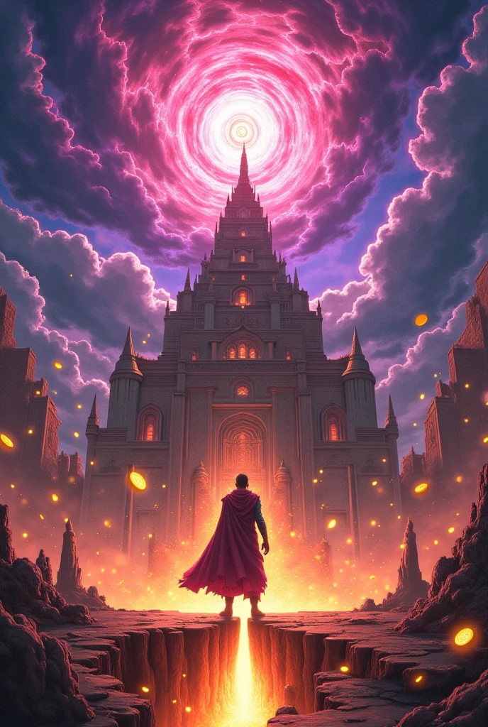 Create a powerful anime-style scene, depicting the moment of impending doom for Qarun (Korah) as the heavens themselves begin to crack. The scene shows a stormy sky overhead with violent flashes of light—purple and crimson clouds swirling in a destructive pattern, mimicking an ominous cosmic collapse. Below, Qarun’s magnificent palace stands tall, but cracks are appearing on its grand walls, as if the very foundation is starting to break away. Golden coins and debris are floating in the air as the ground trembles with an eerie hum. The darkening sky casts dramatic shadows, and there is a glowing light seeping from the cracks in the earth, hinting at the approaching chasm. The image is full of tension and chaos, with intense detail in the fabric of Qarun’s robes, the intricate carvings on the palace walls, and the glowing particles drifting through the air. The overall mood is one of impending disaster, emphasizing the contrast between past glory and the coming reckoning. The animation style is rich, detailed, with painterly textures and cinematic lighting that creates an epic sense of scale and terror