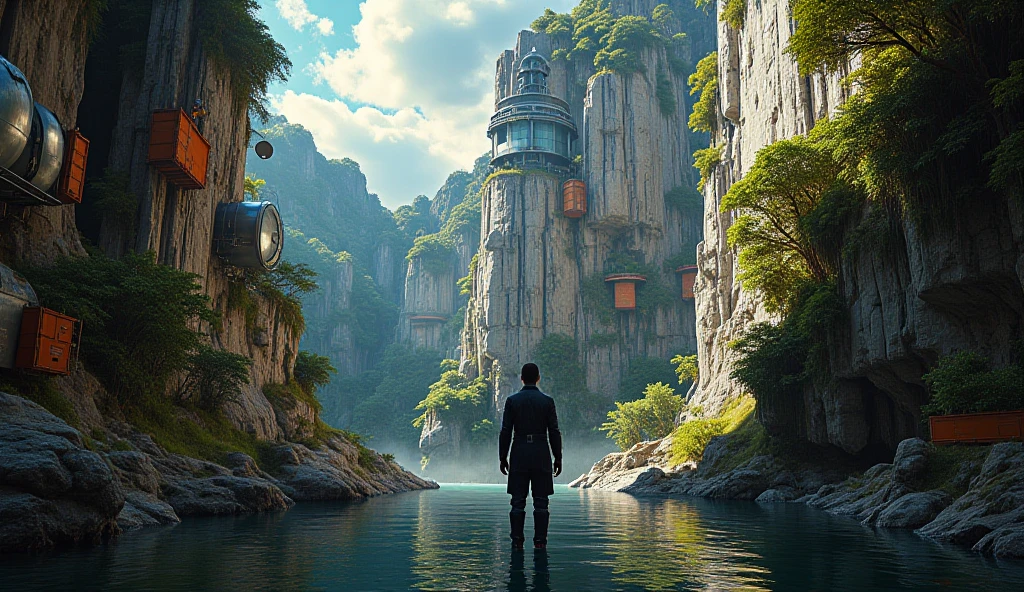 Design a hyperrealistic image in 16K of an intense one that elevates particles of dust and tropical humidity. THE CLOSE-UP OF A GENERAL PORTRAIT IS SEEN FROM A LOW ANGLE, FROM BELOW THE CYLINDERS WITH AN UPWARD VIEW OF THE ENVIRONMENT ON a tropical planet with cliffs of light gray rock, assemblages, full of natural protrusions from where CYLINDRICAL INSTALLATIONS EMERGE PROTRUDING IN THE HEIGHT OF THE ROCK WALLS OF THE CURLS WITH ULTRA-TECHNOLOGICAL ALIEN REINFORCED GLASS HATCHES AND WINDOWS, WITH TRANSMISSION ANTENNAS AND PARABOLAS integrated seamlessly with the environment. METALLIC LIGHT GRAY AND ORANGE, WITH RUSTY EXPOSED PARTS. From the cracks of the rock, fine crevices and falls of crystalline water descend. The atmosphere is humid and rich in vegetation. The sky is clear, lens with giant clouds floating above the stage. Captures the scene from an extremely low angle, al foot of the cliffs where the alien colony begins. It uses the optics of a Sony 16-35 mm f/4G PZ to achieve a natural but impressive perspective, with perfect depth of field that emphasizes the monumental scale of the ship. The lighting must be studio film type, highlighting metallic textures, reflections and active lights of the ship, , achieving a level of absolute hyperrealism worthy of a science fiction masterpiece. hyper realistic, high definition and resolution , PERFECT APPROACH AND OPTIMAL MANAGEMENT OF THE DEPTH OF FIELD. CINEMA MASTERPIECE
