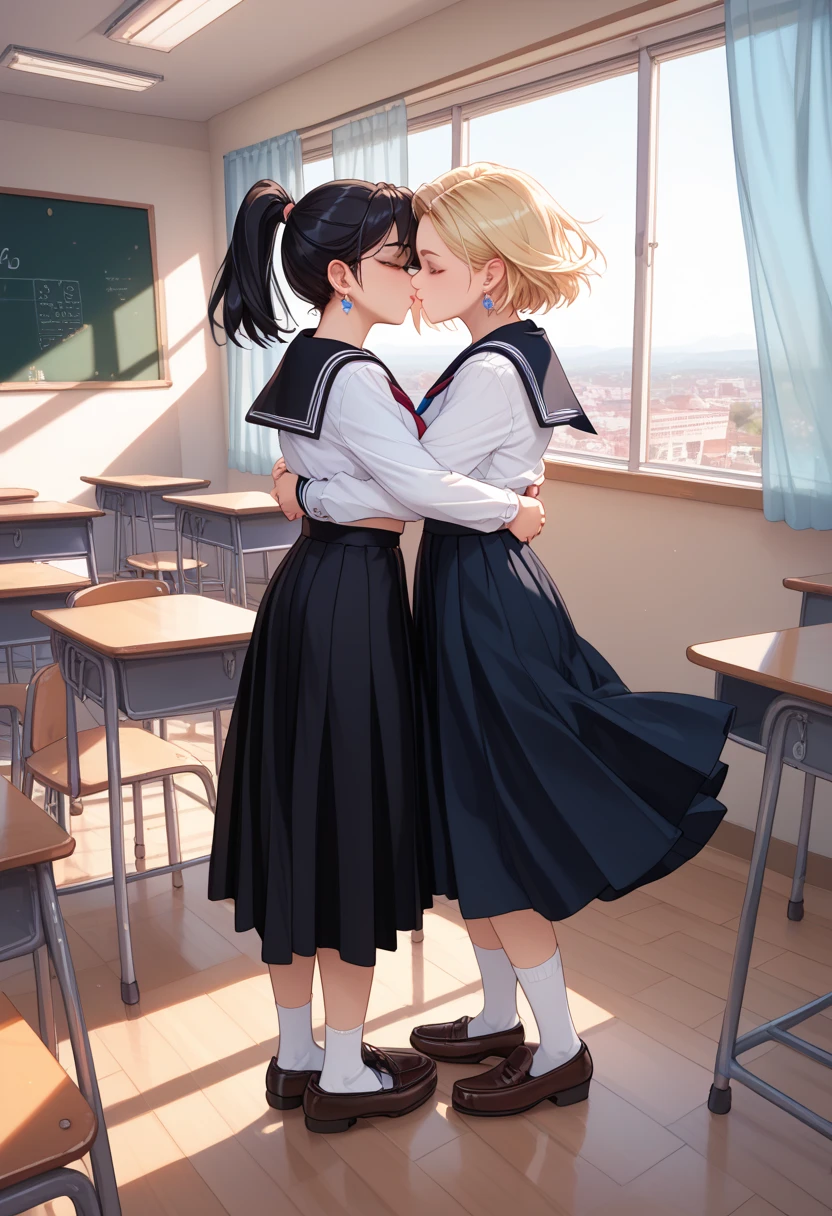 (classroom, ,illustration, high resolution, masterpiece, ultra-detailed:1.4), 2 girls, 2 girls, with a height difference , , 14 years old, kawaii, peerless cute girl, from below
school cardigan,, , micro school skirt, wearing panties
, large breasts, yuri, (face to face, hug, tiptoe kiss, saliva,profile:1.2)
harem, multiple girls, lineup
