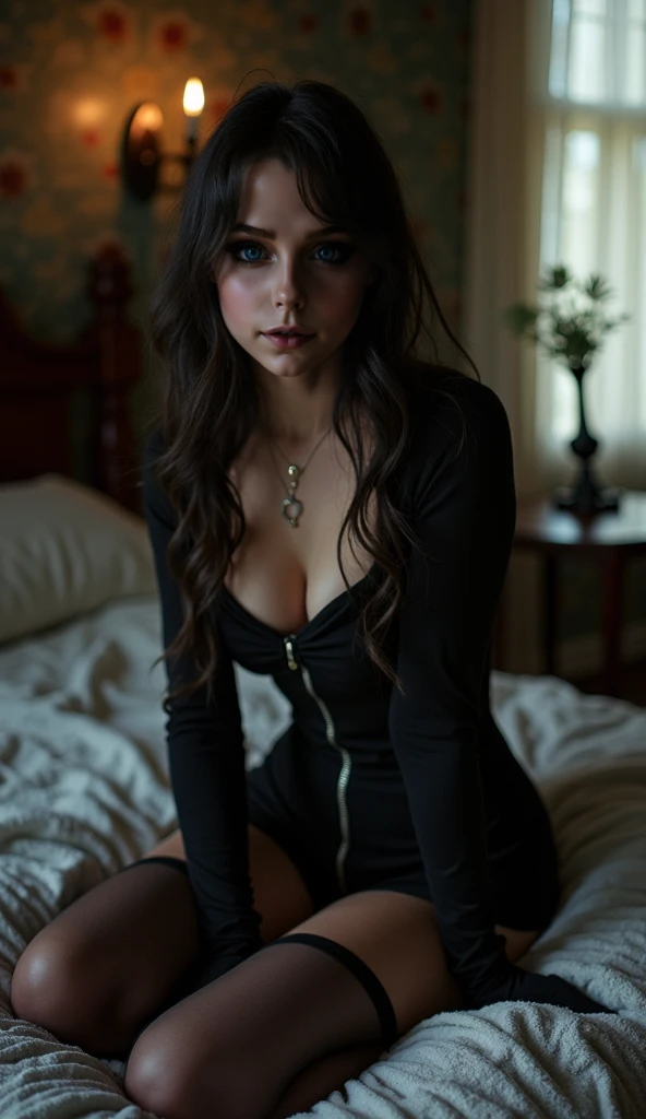 young Triss Merigold from witcher, triss merigold cosplay gazing into the viewers eyes, hypnotized, obedient, enchanted, leaning back,high detail plunging witch dress,intricately detailed background,Cinematic lighting, award-winning, extremely detailed skin, extra detailed face, high detail eyes, sitting on bed with legs spread in bedroom, cameltoe, open seductive smiling mouth, legs spread, happy worshipping, manspreading, hands behind back, hands not visible