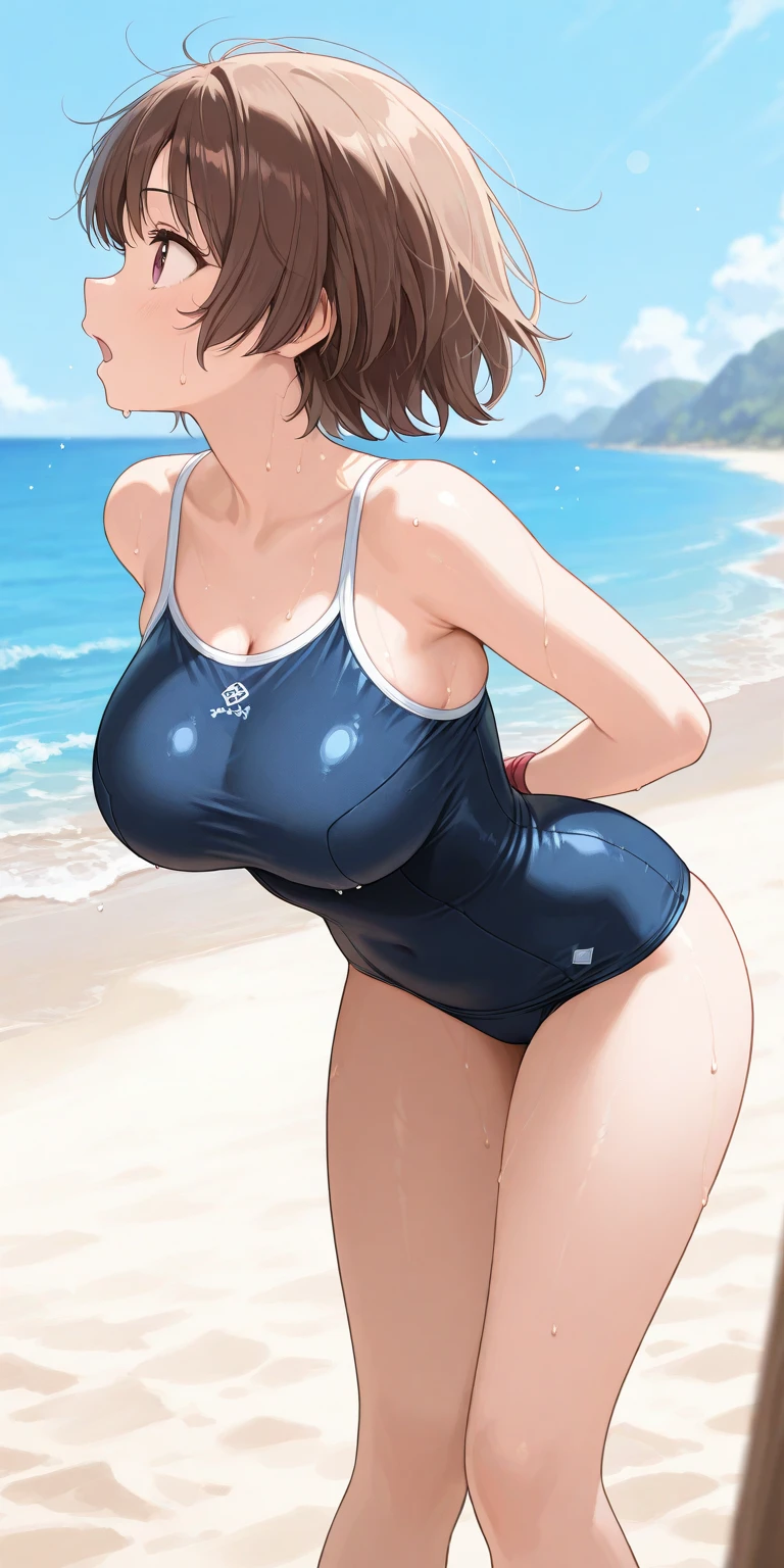 Japanese, (45yo, mature woman :1.6), Black Hair, short hair, wide double eyelids, smile, (chest), (Curvy:1.4), (Shiny metallic white one-piece swimsuit:1.5), (Daytime:1.2), sitting、(seascape:1.2)、(hands_between_Legs, sideboob, wariza:1.3), (sweat:1.2)