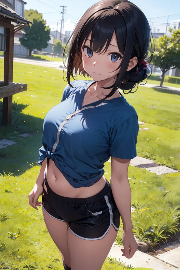 ponytail, forehead, sportwear, petite, small boobs, long hair locks, cowboy shot, shirt lift, short hair, cum in boobs, cum in face