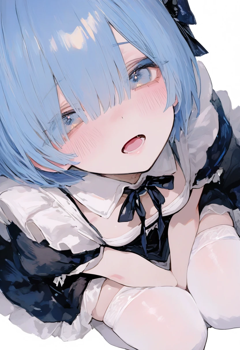 1girl,Alone,rem_\(re:zero\),Blue_eyes,hair_over_One_eye,short_hair,Blue_hair,hair_ribbon,roswaal_mansion_maid_uniform, blushing, annoyed, wet