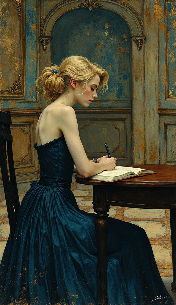 Women in a long dark blue dress, long blonde hair, blue eyes, sitting at the table in a big room, writing in a notebook, black chair and table
