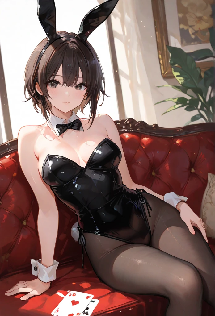 (Perfect anatomy without destruction:1.6),(Accurate and detailed beautiful eyes,lustrous eyes),super detailed face, highly detailed lips, fine eyes, double eyelids, ①Quality:(ultra detailed:0.8), (Perfect hands:1.3), (Perfect Anatomy:1.3), (1girl:1.3),(master piece:1.3),(best quality:1.3), detailed,8k,intricate details, deformed face, ugly, bad face, deformed eyes, bad anatomy part ②:ultra-detailed face,beautiful detailed eyes,detailed skin, detailed face, <Character Appearance、Prompts such as background> ③Environment:casino,roulette table,chandelie,poker tips ④The subject:(aamadoka:1.3), ⑤th:high resolution,beautiful detailed eyes, cute eyes, sparkling pupils, Intricate Iris Details, Captivating Eye Reflections, Sparkling Highlights in the Eyes, Depth and Dimension in the Pupils, Subtle Color Variations in the Iris, Meticulous Eyelash Details, detailed eyes, ⑥Chest:(small breasts:1.3), (Beautiful breasts:1.0), ⑦Body shape:(slender body type:1.3), Miwaki. (beauty legs:1.3). Seven heads, tight waist, small head, ⑧Skin:detailed skin, Transparency, Brilliant skin, ⑨Hair:shiny hair, hair,bangs, hairclip, short hair, (mole under eye:0.8), BREAK <costume> ⑩costume:(black pantyhose,:1.3), pantyhose, (playboy bunny:1.3),rabbit ears, black rabbit ears, fake rabbit ears, bowtie, wrist cuffs, black leotard, (high heel:1.2), earrings, <expression、illumination、Other prompts> ⑪illumination:brightening light, moody lighting, nature lighting, Best Illumination, ⑫Style:sexy body, animation, illustration, (Bewitching:1.3). ⑬expression:(embarrassed,blush:1.3), (looking at another:1.3), tear, happy, Face to feel, Love A large amount of milk, waiting for a kiss, ⑭Composition: (full body:1.3), ⑮Action: (crawl on all fours:1.3), (kneel down:1.3), (hand between legs:1.3)