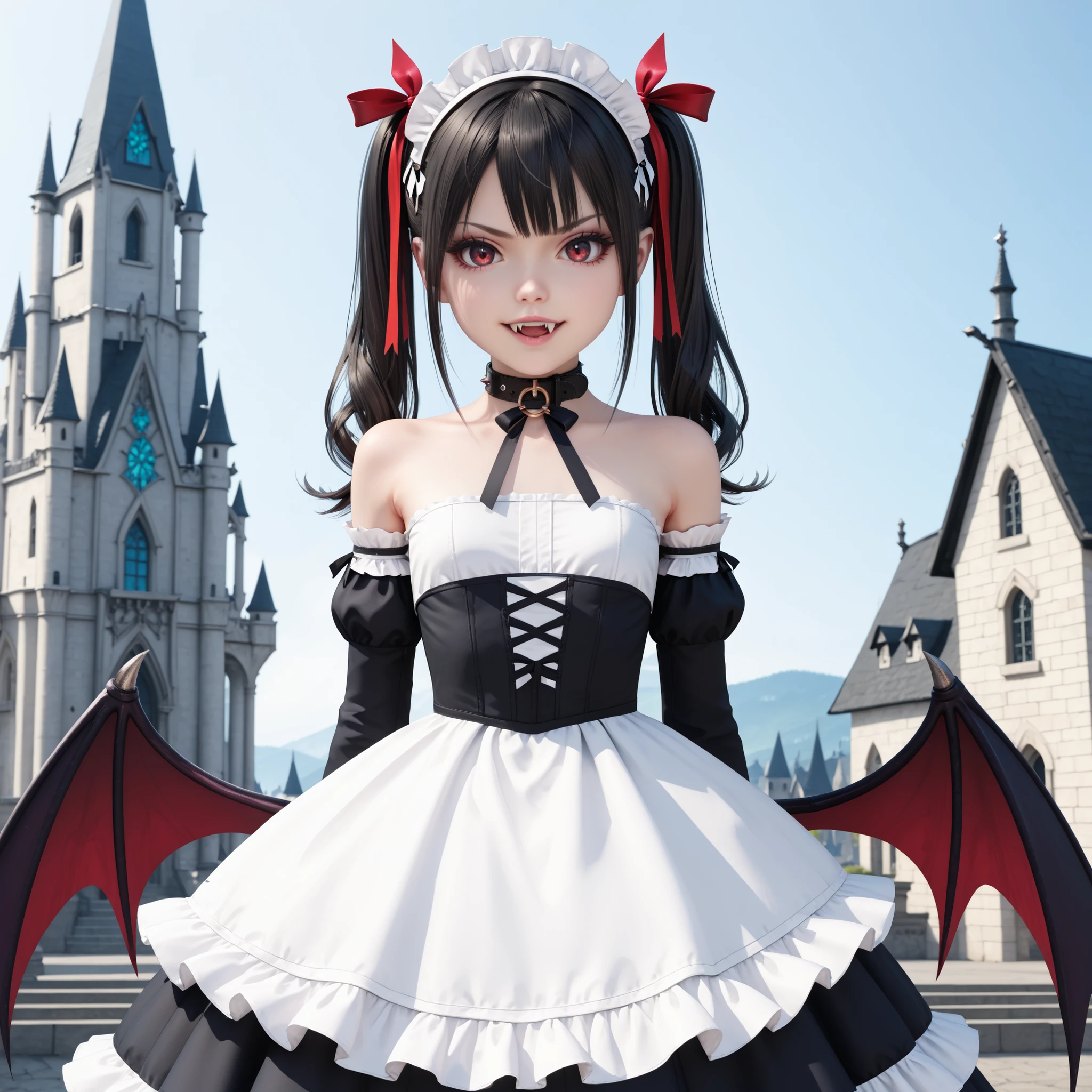close-up of solo lone cute european power vampire girl goddess, grey skin, upperbody, ((young)), petite, short, dress, hair ribbon, bare shoulders, long teal twintails, (teal twintails:1), gothic lolita, gothic outfit, flat chest, collar, black ribbon, straps, maid outfit, white frilled sleeves, detached sleeves, choker, dark teal hair, cute bratty face, red crimson eyes, looking at viewer, black chocker, perfection, flawless, royal, luxury, rich, clear blue sky, outdoor, evil castle, medieval winter lands, lolita fashion, black hair ribbon, standing, playing with her hair, hand in hair, dark cold night, freezing, pale skin, mean laugh, black manicure, large white vampire fangs, highly detailed masterpiece, high resolution, evil frown, large set of succubus wings behind her back, freezing spell, ice shards, from below, cowboy shot, high quality