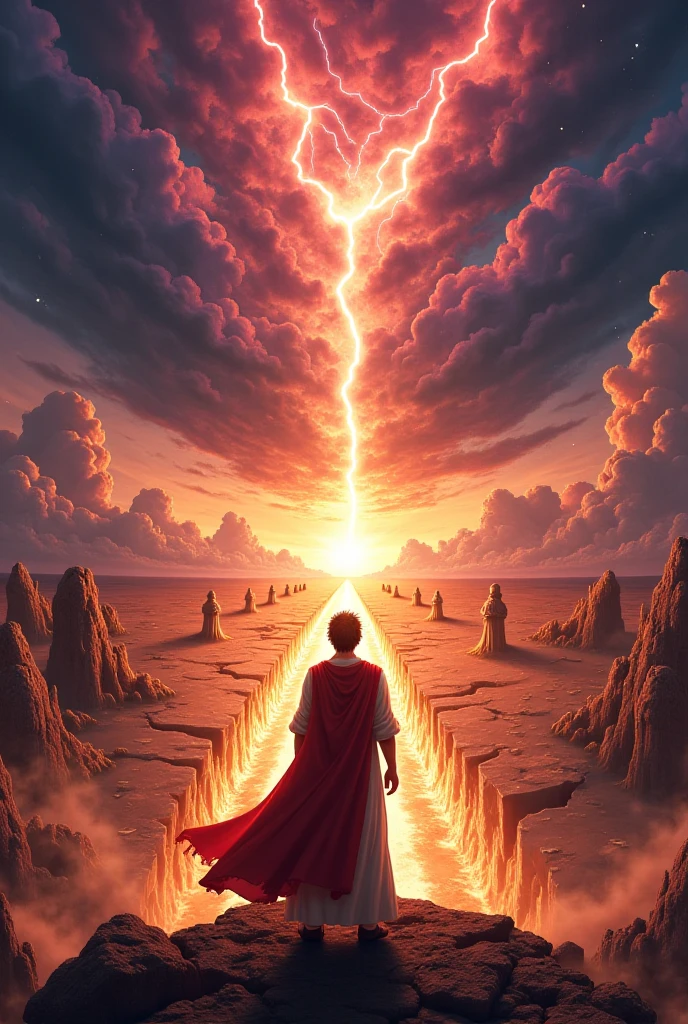 Create a breathtaking anime-style scene showing the moment of celestial wrath about to be unleashed upon Qarun. The sky is a tumultuous mixture of swirling dark clouds in deep shades of indigo, purple, and crimson, almost as if a storm is brewing in the heavens themselves. In the distance, you can see an enormous storm front advancing, with lightning flashing through the sky, creating jagged light beams. The atmosphere is thick with impending doom. Below, the earth begins to split open, with large cracks appearing in the ground, glowing with molten light. Some golden fragments from Qarun's palace float above the fissures, symbolizing the fragility of his wealth and pride. The ground is shaking violently, causing pillars and statues around the palace to crumble and fall. Qarun, standing on a raised platform, gazes upward, his expression a mixture of confusion and fear, as he begins to realize that the destruction is inevitable. His royal robe, fluttering in the wind, is caught in the chaotic air. The scene is drenched in the ominous glow of the sky, while dust and debris swirl in the air. The color palette is rich and dark, with ethereal lighting effects, highlighting the tension in the atmosphere. The animation style is hyper-realistic, with detailed textures, atmospheric effects like smoke and floating dust, and cinematic composition, evoking a sense of impending collapse—both physically and morally