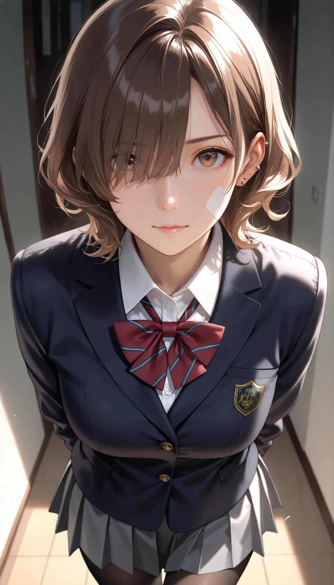 (looking at viewer,eyes focus:1.1),masterpiece, best quality, vibrant, very aesthetic, high contrast, semrealistic, newest, mature female,(1girl,18yo),student girl, brown hair, hair over one eyes, short hair, school outfit, school uniform, black stockings, defiant, ear piercings, wavy hair, band-aids, soft light, high detailed, best quality, cowboy shot, (torso facing viewer), kicking down a boy