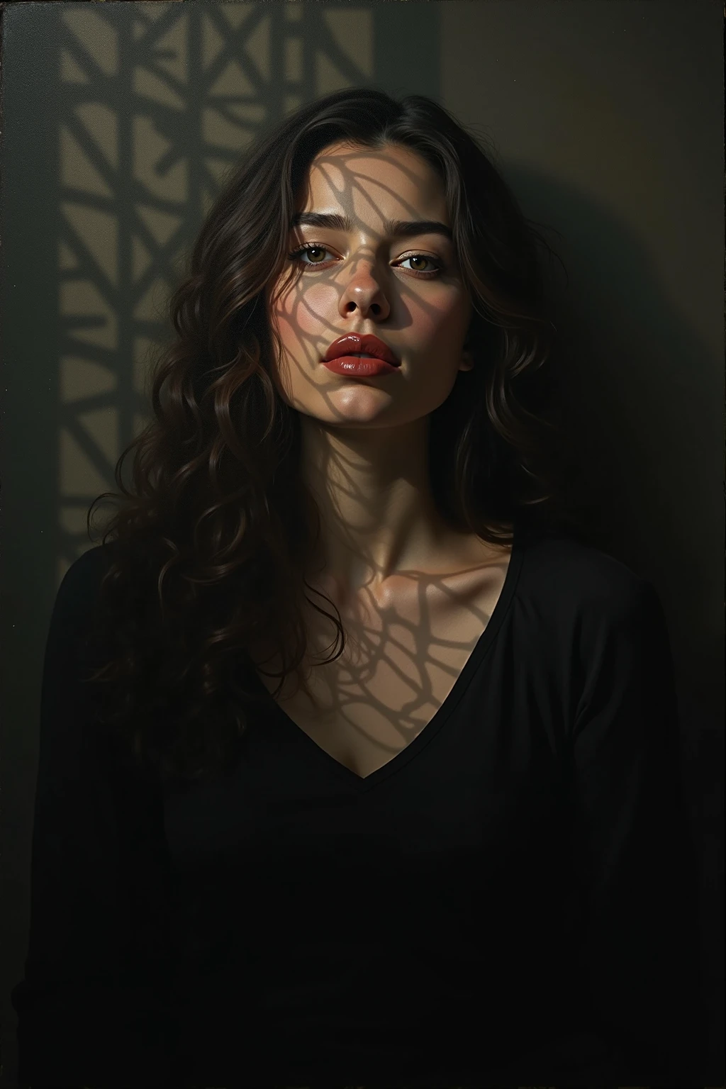 This mysterious and atmospheric painting transports the viewer into a world of light and shadows, where time seems to stand still. The female portrait, enveloped in an intricate pattern of shadows, symbolizes deep thought, the mystery of the past, and the inevitability of the future. Her piercing gaze and delicately rendered features create a sense of connection with the viewer.

The painting is executed in a realistic style with elements of surrealism, making it a perfect addition to modern interiors, art spaces, and collections. The rich color palette and contrasting light create a striking sense of depth and intrigue.