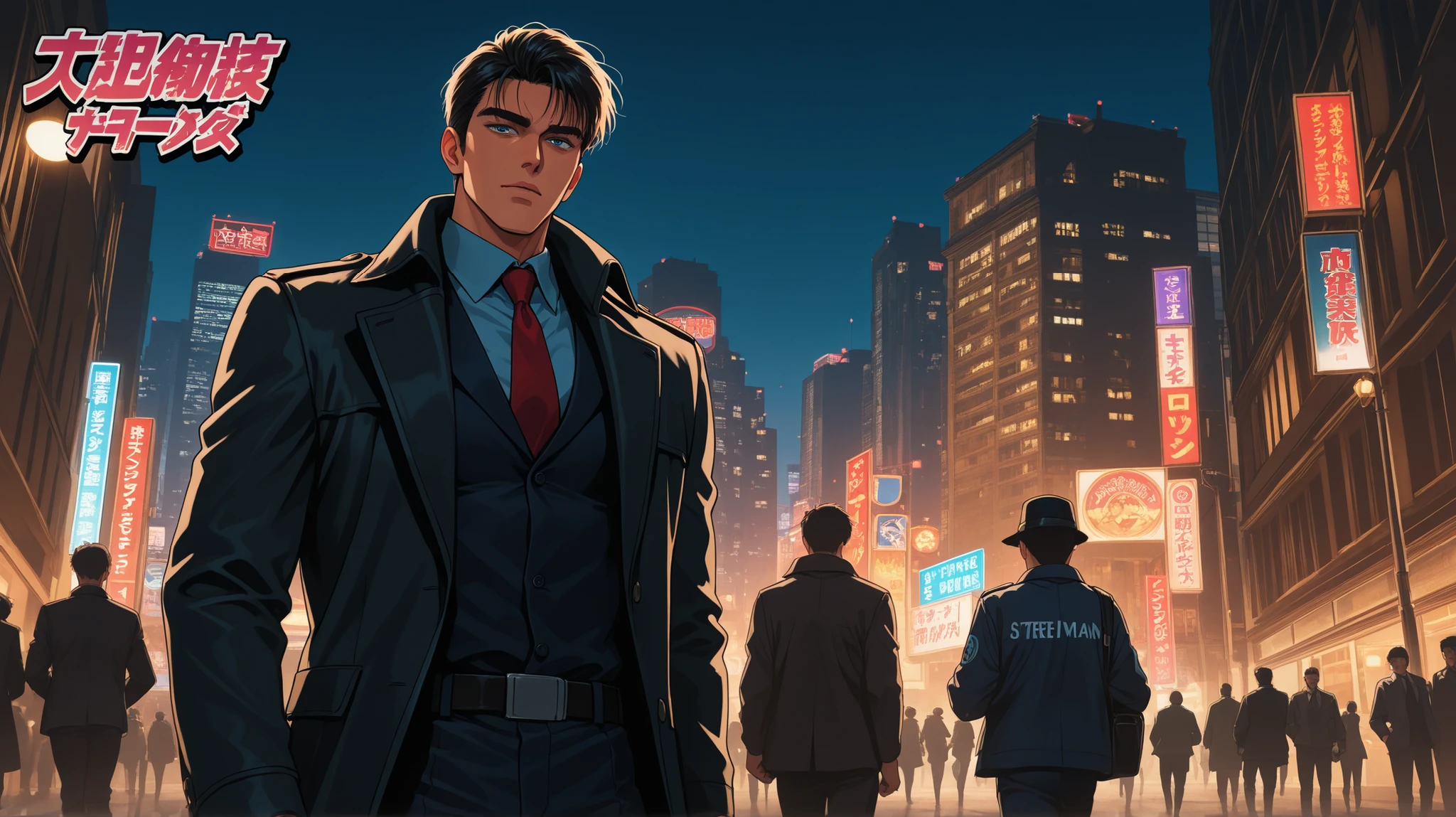 (ARMED MAN RUNNING AFTER THREE SUSPICIOUS MEN ON DARK CITY GANG STREET AT NIGHT RETROWAVE 90S