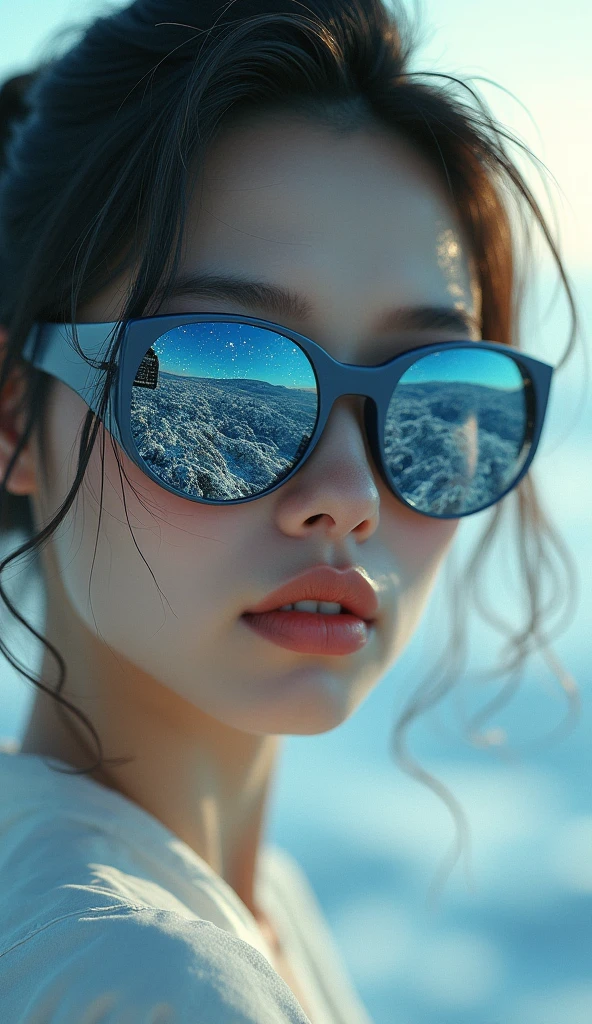 The model is wearing glass sunglasses with stars and the moon on the glass