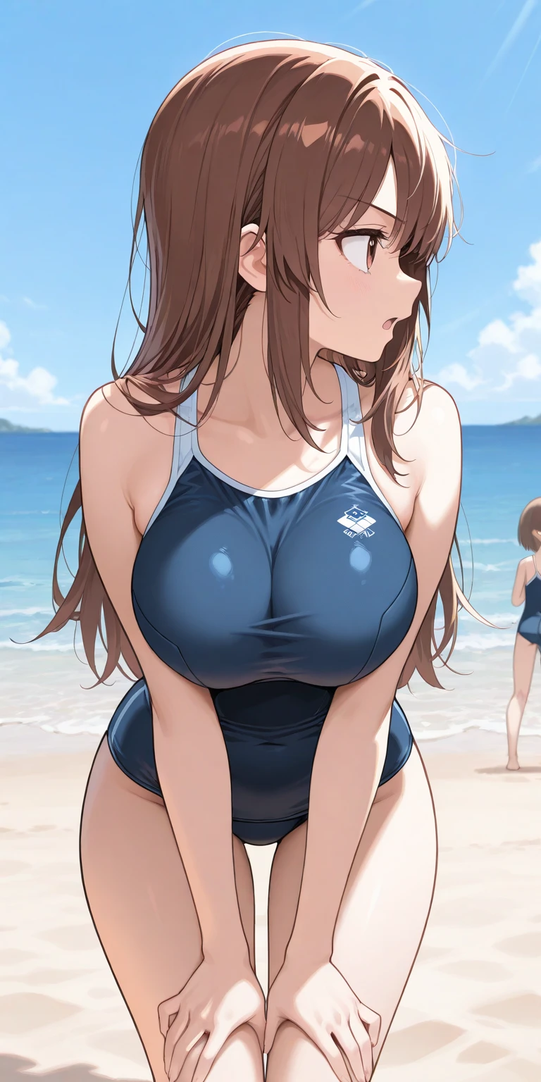 40 year old mature woman、She has huge breasts bigger than her face。She is smiling and wearing a white bikini。She is standing on the beach with her two little boys.。This is a high resolution image.。