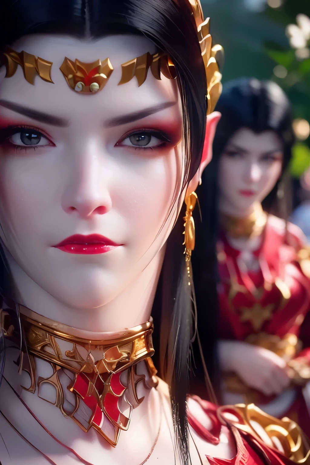 (RAW photo:1.2), (photorealistic:1.4),(intricate details:1.2),(masterpiece:1.3),(best quality:1.4), (ultra highres:1.2),1girl, solo, jewelry, earrings, pointy_ears, necklace, looking at viewer pose, red ornamental clothes, background : a garden with fluttering sakura petals, strict icy expression on her face, beautiful face, good face symmetry, natural lighting, natural skin